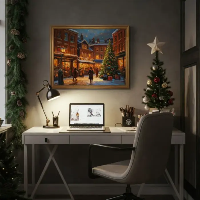 christmas oil painting in home office